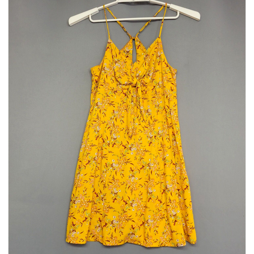 Xhilaration Halter Dress Womens S Yellow Pink Floral Rayon Adjustable Straps New